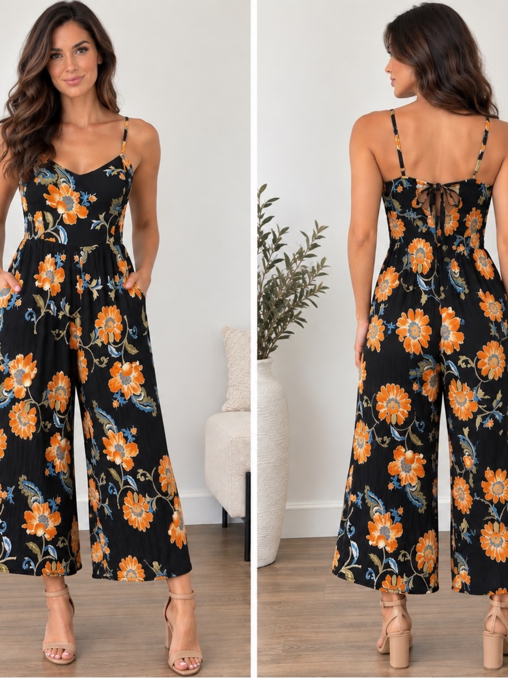 Floral Wide-Leg Jumpsuit in Black and Orange